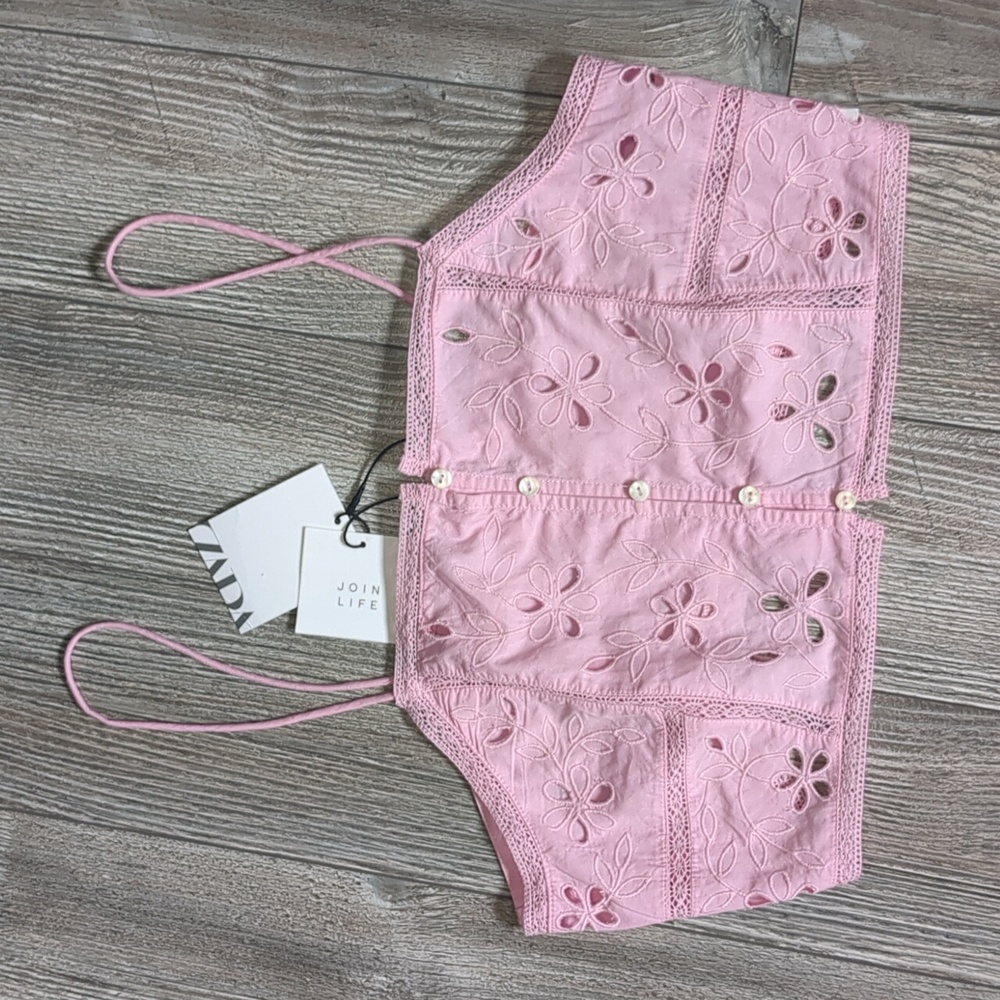 NWT Zara Crop Top Pink Eyelet Cutout Embroidery Women's XS